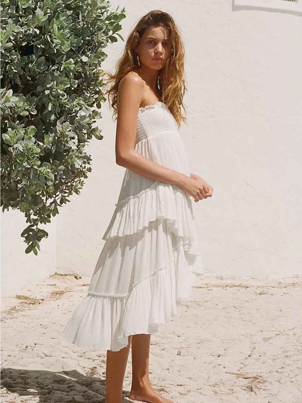 Free people White Strapless Tiered Midi Dress